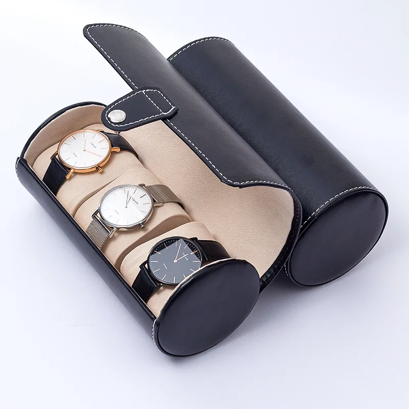 

3 Slot PU Leather Watch Storage Organizer Portable Travel Cylinder Round Jewelry Display Packaging Gift Boxes Carrying Case