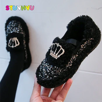 

Plush Girls Shoes Rhinestone Children Princess Shoes Winter New Soft Bottom Comfortable Plus Velvet Warm Baby Toddler Kids Shoes