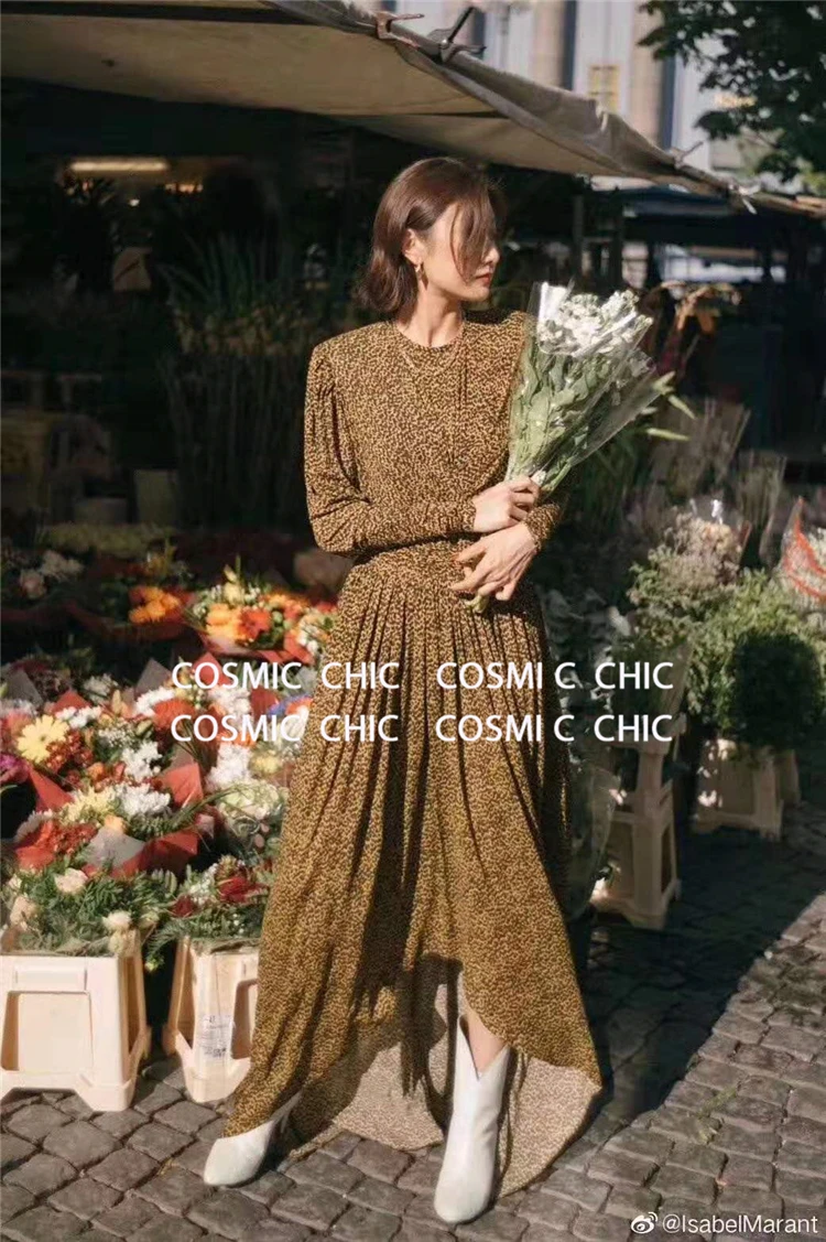 Cosmicchic Aumutn зимнее леопардовое Макси-платье с длинным рукавом и пышными рукавами, с оборками, с эластичной талией, элегантные вечерние длинные платья