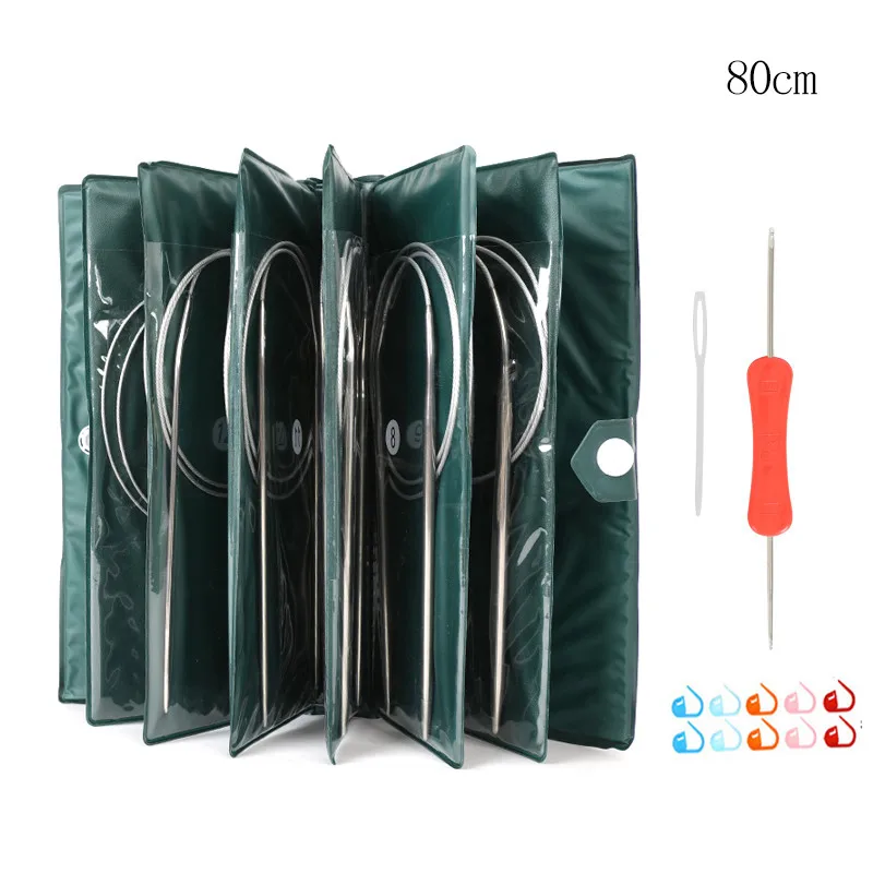 11Sizes Stainless Steel Circular Knitting Needles Kit Yarn Weave DIY Knitting Needles Hooks Set with Bag 43cm 65cm 80cm Length knitting needles knitting supplies knitting material knitting craft supplies