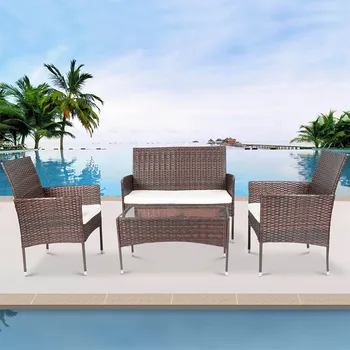 

4-Piece PE Rattan Patio Table And Chair Set Furniture Wicker Conversation Garden Lawn Outdoor Sofa Set Cushioned Seat