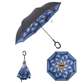 

TOP!-Windproof Reverse Folding Double Layer Inverted Rain Umbrella Self Stand Rain Protection C-Hook Hands For Car