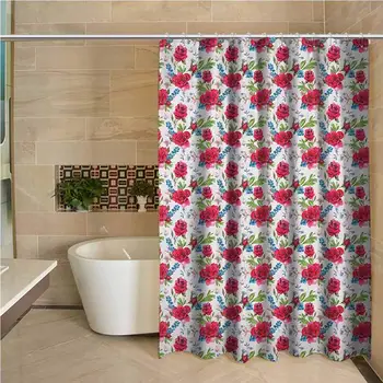 

Valentines Professional Shower Curtain Red Roses and Blueberries with Butterflies Romantic Floral Composition Decorative
