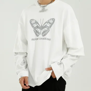 

Male Women Streetwear Hip Hop Couple Tees Shirts Men Reflective Butterfly Loose Splice Long Sleeve T-shirt
