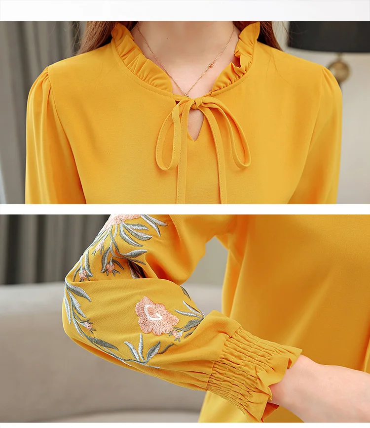 Плюс Размеры женские топы, Цветочная вышивка Шифоновая блузка рубашка Для женщин Мода в Корейском стиле, куртка с длинными рукавами, Женские топы и блузки, P056