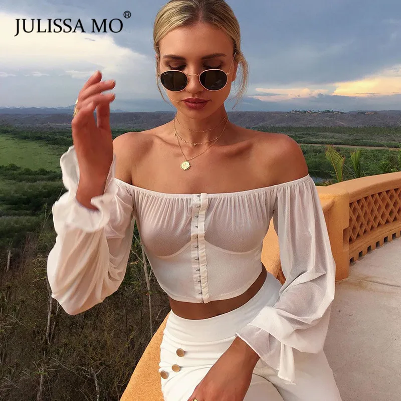 JULISSA MO белая шифоновая блузка с длинными рукавами рубашки женские сексуальные узкая футболка с вырезом лодочкой Элегантные Осенние новые женские топы и блузки