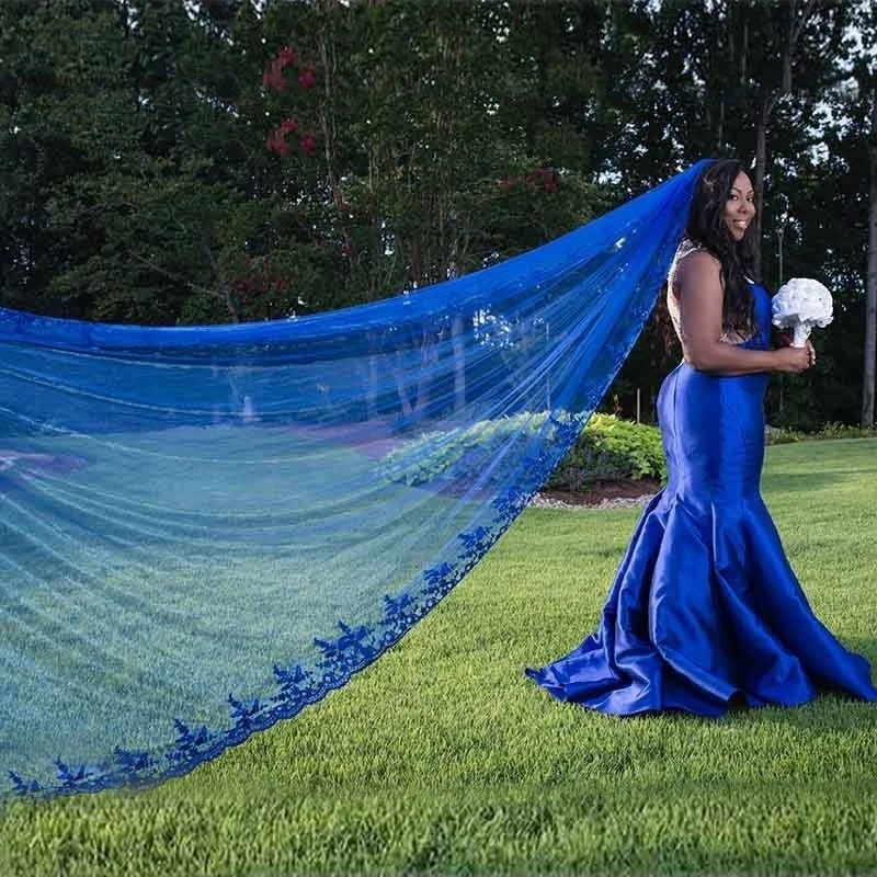 

Blue Red Veil Voile Mariage 3M Sequins Lace Edge Cathedral Long Wedding Veil With Comb One Layer Tulle Bridal Veil Veu de Noiva