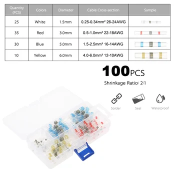 

New 100PCS Solder Seal Wire Connector Heat Shrink Butt Connector Terminal Electrical cable connector Insulated Automotive Copper