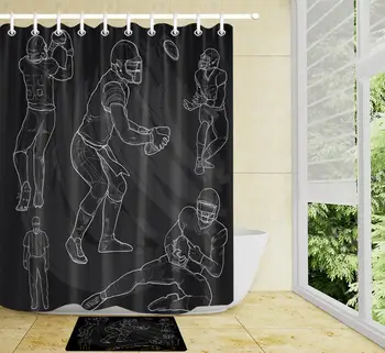 

Black and White Shower Curtain Custom Cartoon Design Rugby Athlete Home Decor Shower Curtain For Bathroom Accessories Door Mat