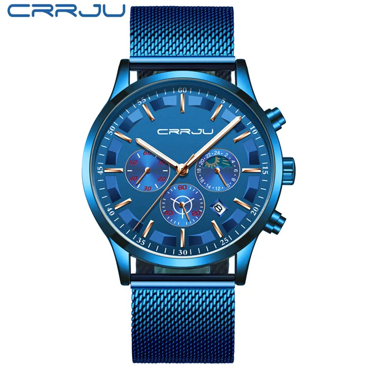 Blue Rose Relogio Masculino CRRJU мужские часы для роскошного бренда Бизнес стали Кварцевые часы повседневные водонепроницаемые мужские наручные часы хронограф - Цвет: Blue Rose
