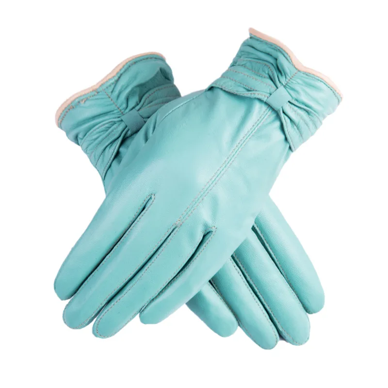 Light blue Перчатки из натуральной овечьей кожи, Женские варежки на полный палец, модные женские ветрозащитные перчатки, бархатные утепленные, сохраняющие тепло - Цвет: Light blue