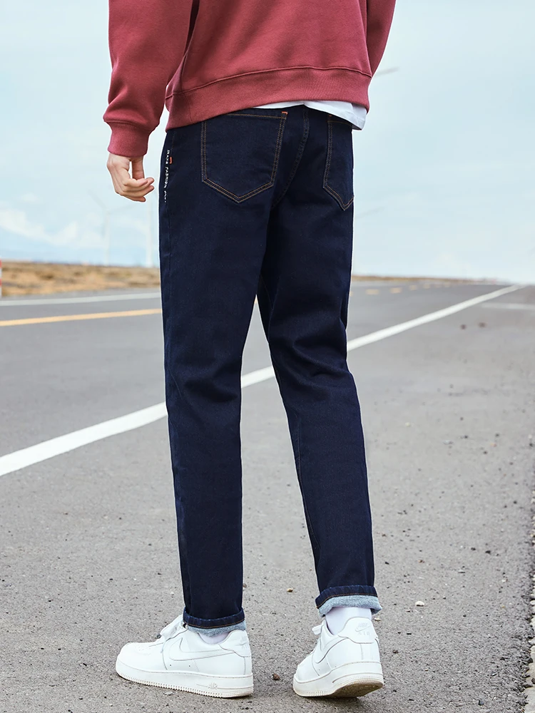 Pioneer Camp Dark Blue Jeans Men Winter Thick Cotton Straight Pockets Causal Mens Jeans Streetwear ANZ901756
