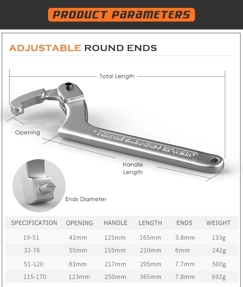 Clé à Molette En C Réglable - Capacité 19-51 Mm - Acier Chrome Vanadium Pour Suspension Moto Et Usage Professionnel