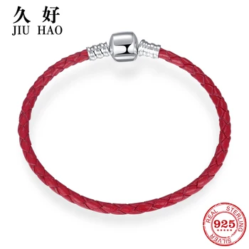

Hot 925 Sterling Silver Charm gules Leather rope Bracelets diy for fashion jewelry womens accessories trendy 2018