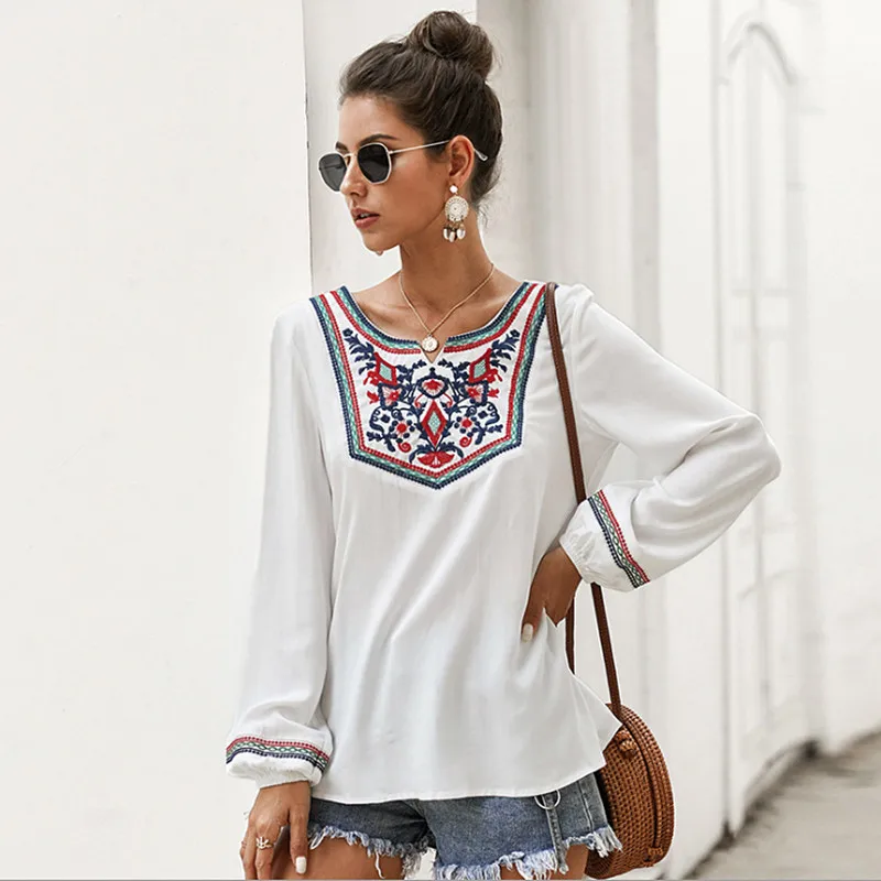 

Floral Embroidery Casual Plus Size White Womens Tops Tees 2020 Spring New Round Neck Long Sleeve Ladies Ethnic T Shirt