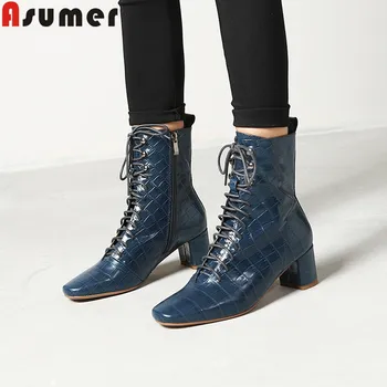 

ASUMER 202 new genuine leather boots square toe zip ladies ankle boots cross tied autumn winter boots women