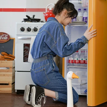 

Jumpsuit Women Vintage High Waist Denim Jeans Jumpsuits One Piece Overalls Combinaison Dropshipping Full Length Solid Button