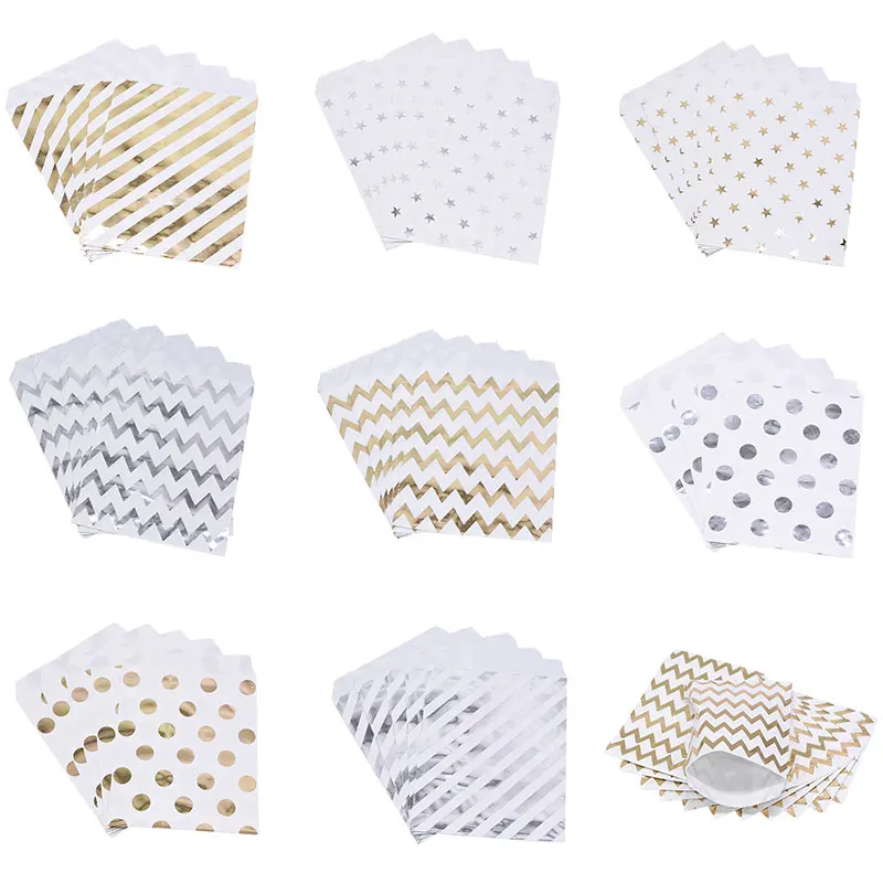 

25pc Gold Silver Dot Star Striped Paper Candy Bag Gift Bag For Christmas Wedding Birthday Party Decoration Cookie Food Packaging