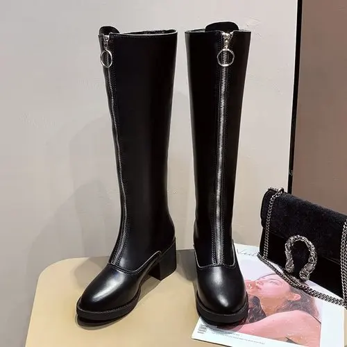 New Slim Boots Sexy Knee High Red Leather Women Snow Boots Women's Fashion Winter Thigh High Boots Shoes Woman - Цвет: Черный