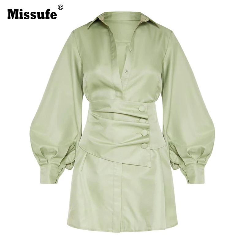 

Missufe 2019 Autumn Elegant Mini Solid Color V-neck Women Dress Long-sleeved Girdle Button Slim Temperament Dress Female