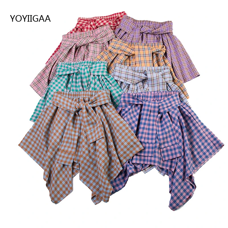 

Summer Pleat Skirts Irregular Women Plaid Skirt Elastic Waist A-Line Women's Mini Skirts Fashion Student Fake Shirt Short Skirt
