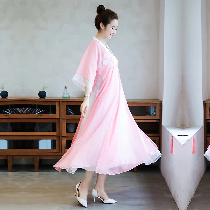 Китайский стиль ретро Hanfu женское винтажное платье элегантное женское свободное платье с цветочной аппликацией шифоновое платье большого размера