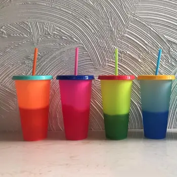 

Color Changing Coffee Cup Mug Water Bottles With Straws Set 700ML Plastic Temperature Change Color Cups Colorful Cold Water