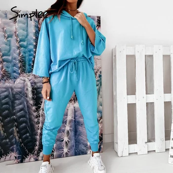 

Simplee Solid color casual women's suit Fashion lace drop shoulder sleeve hooded suit Home style sports suit autumn 2020 new