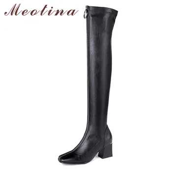 

Meotina Autumn Thigh High Boots Women Genuine Leather Thick High Heel Over The Knee Boots Slim Zip Square Toe Shoes Lady Winter