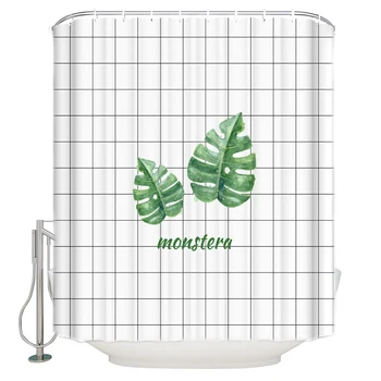 

Green Leaf Grid Background Curtain Bathroom Curtain Home Decoration Pink Girl Heart