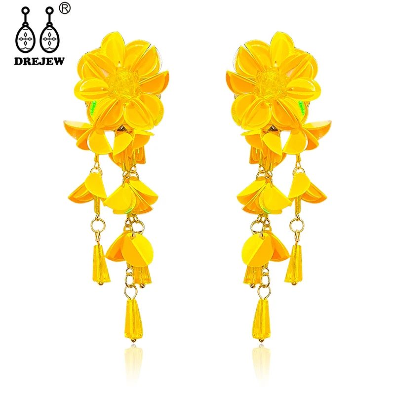 

DREJEW Yellow Blue Colorful Alloy Flower Statement Earrings Christmas Long Tassel Silve 925 Needle Drop Earrings for Women E8551