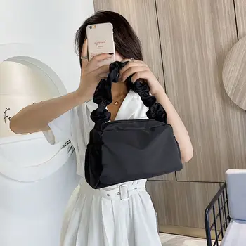 

Casual Women's Baguette Bag 2020 Fashion Messenger Shoulder Bags for Female Solid Color Nylon Pleated Handbag Lady Axillary Tote