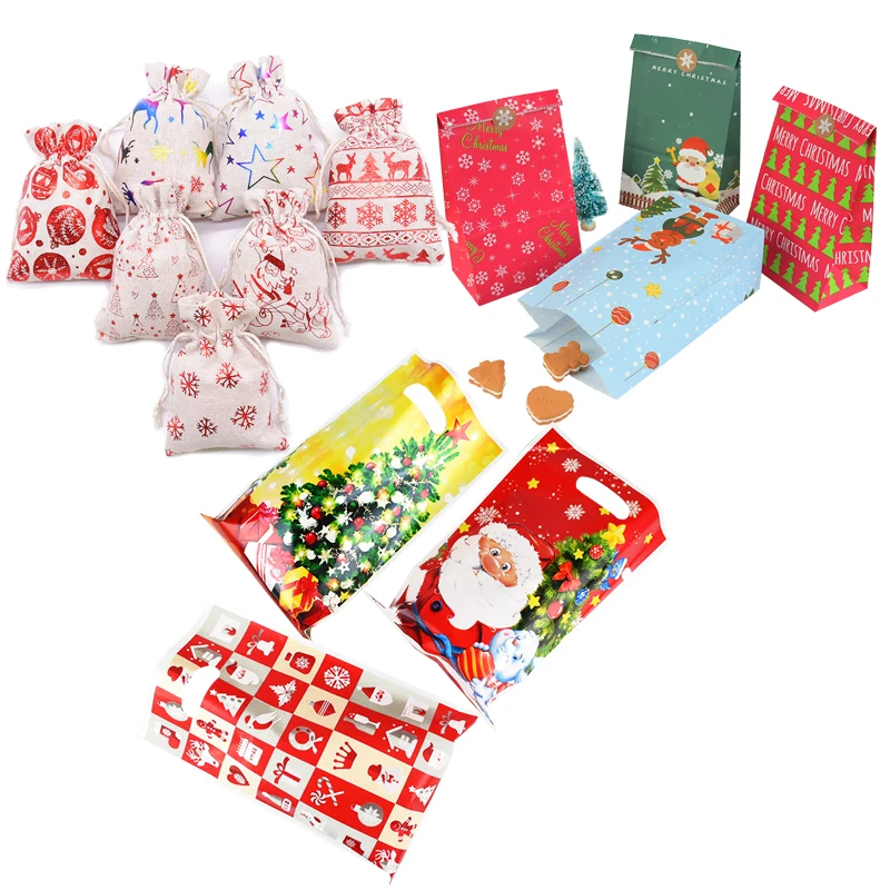 10Pcs Christmas Linen Drawstring Bag Red Retro Drawstring Candy Gift Bag Wedding Birthday Xmas Party Decor Packing Supply