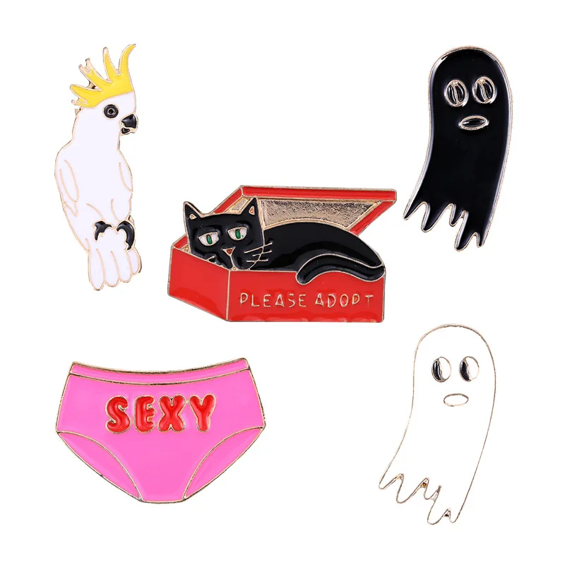

1 PC Cartoon Box Cat Parrot Brooch Cute Funny Little Ghost Underwear Pin Needle Metal Brooch Clothes Jewelry Accessories