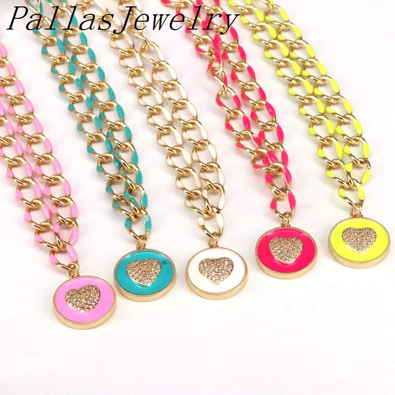 

3Pcs Enamel Cz Heart Round Pendant Necklace Gold OT Choker Toggle Enamel Chains Necklaces women Jewelry