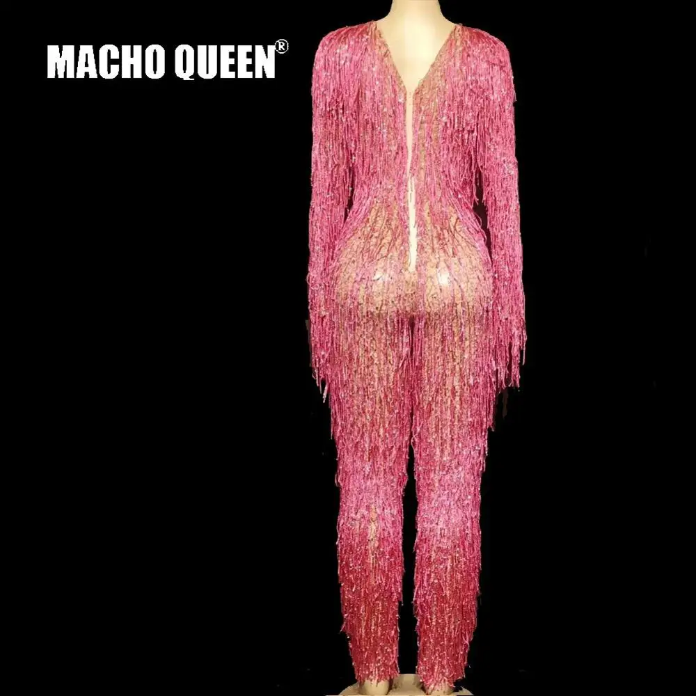 Halloween Drag Queen Costumes Red Fringe Bodysuit Carnival Jumpsuit Performance Stage Show Burning man Outfits