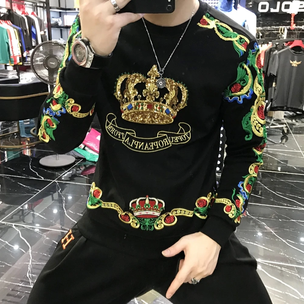Sudadera con bordado de lentejuelas y corona para de vestir masculina, de lujo, dorado y negro, estilo barroco, ropa de calle, estilo Harajuku|Sudaderas con capucha y sudaderas| AliExpress