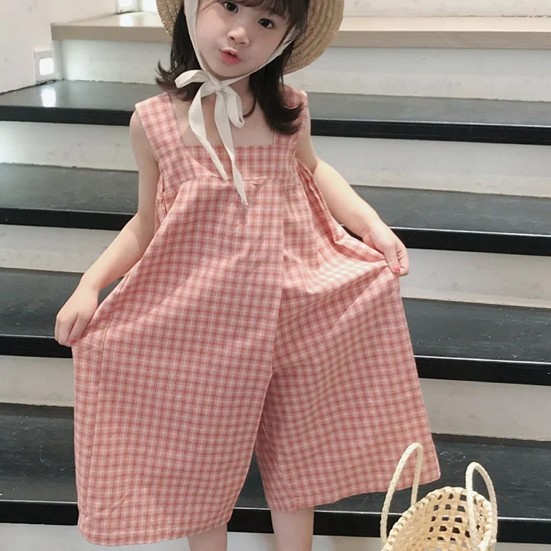 Girls' Summer Rompers Plaid Sling Korean Jumpsuit 2022 Fashion New Wide Leg Pants Baby Kids Clothes Children'S Clothing images - 6