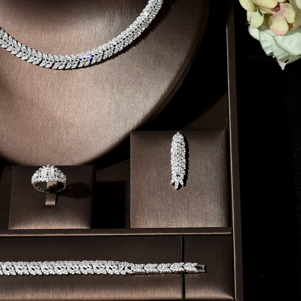 HIBRIDE High Quality Leaf Shape Pendant Wedding Jewelry Zirconia Sets Costume Dress Accessories Bridal 4pcs Set for Marry N-123 - Image 3