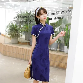 

Flower Navy Blue Elegant Women Cheongsam Vestidso Mandarin Collar Vintage Cotton Linen Dress Sexy High Split Short Qipao