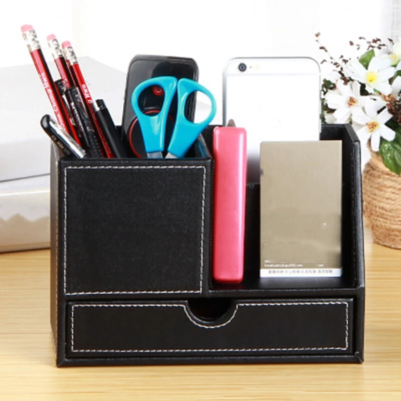  1Pcs PU Leather Multi-Function Desk Stationery Organizer Storage Box Pen/PencilCell PhoneBusiness N
