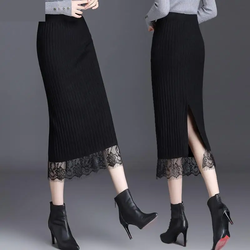 Новая модная трикотажная Женская осенне-зимняя утолщенная повседневная юбка до середины икры высокого качества большого размера