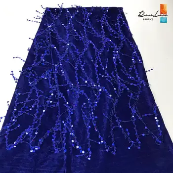 

Dazzling Design 2019 Sequins Tassel Velvet Lace Fabrics French Guinea Royal Blue Color Bridal Wedding Dresses Sewing Material