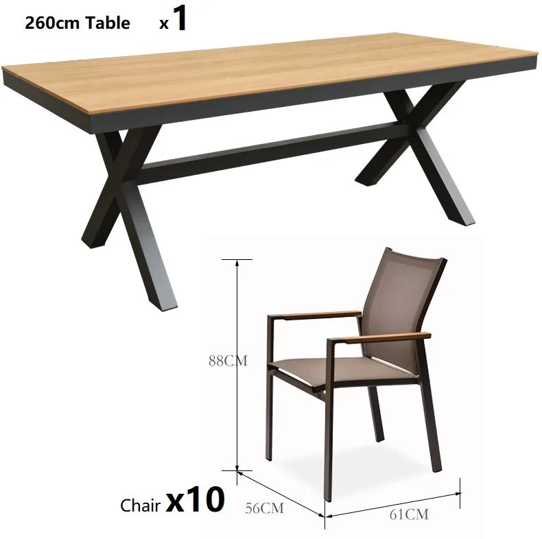 Малайский всепогодный открытый обеденный стол и стулья Alfreco/Патио Сад алюминиевые металлические столы/составная деревянная столешница - Цвет: 260cmTable10Chairs