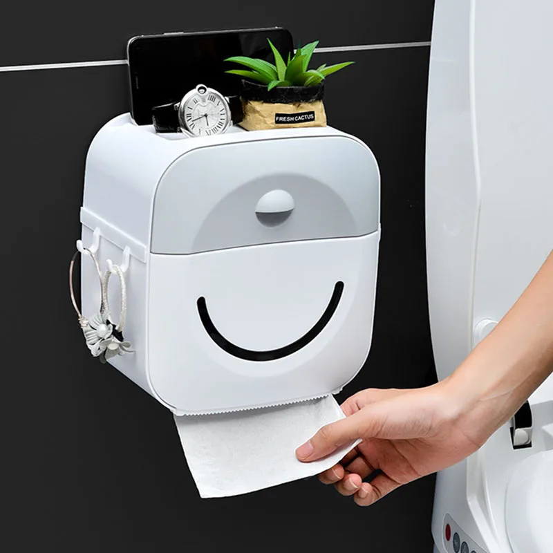 

Thours Smiley Tissue Box Cute Wall-Mounted Toilet Paper Shelf Bed And Breakfast Roll Paper Tray Press Type Storage Box Hook