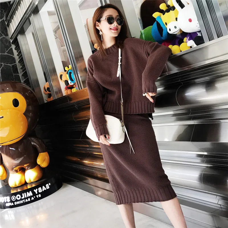 

CBAFU Knitted Sweater and Skirts Set 2 Two Piece Set Women Split Thicken Loose Matching Sets Knitwear Tracksuit Long Sleeve P459