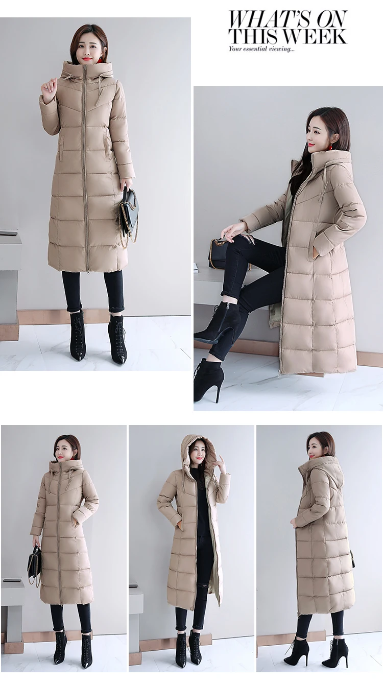 Зимнее пальто Новое плотное длинное облегающее Модное теплое пуховое пальто с капюшоном