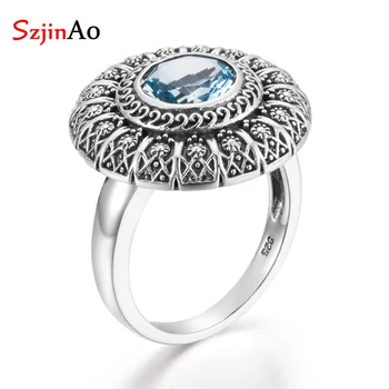 

SzjinAo Handmade Round Aquamarine Rings For Women March Birthstone Solid 925 Sterling Silver Luxury Fine Jewelry Men Accessoires