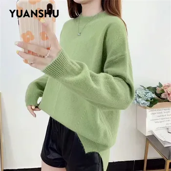 

YUANSHU Korean Style Loose Sweater Women Pullover Winter Casual O Neck Knit Sweater Female Warm Split Solid Jumpers