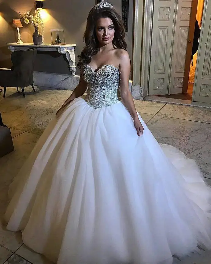 Роскошное Милое Свадебное платье с кристаллами и бисером Vestidos de Noiva, фатиновое бальное платье невесты, свадебное платье на заказ